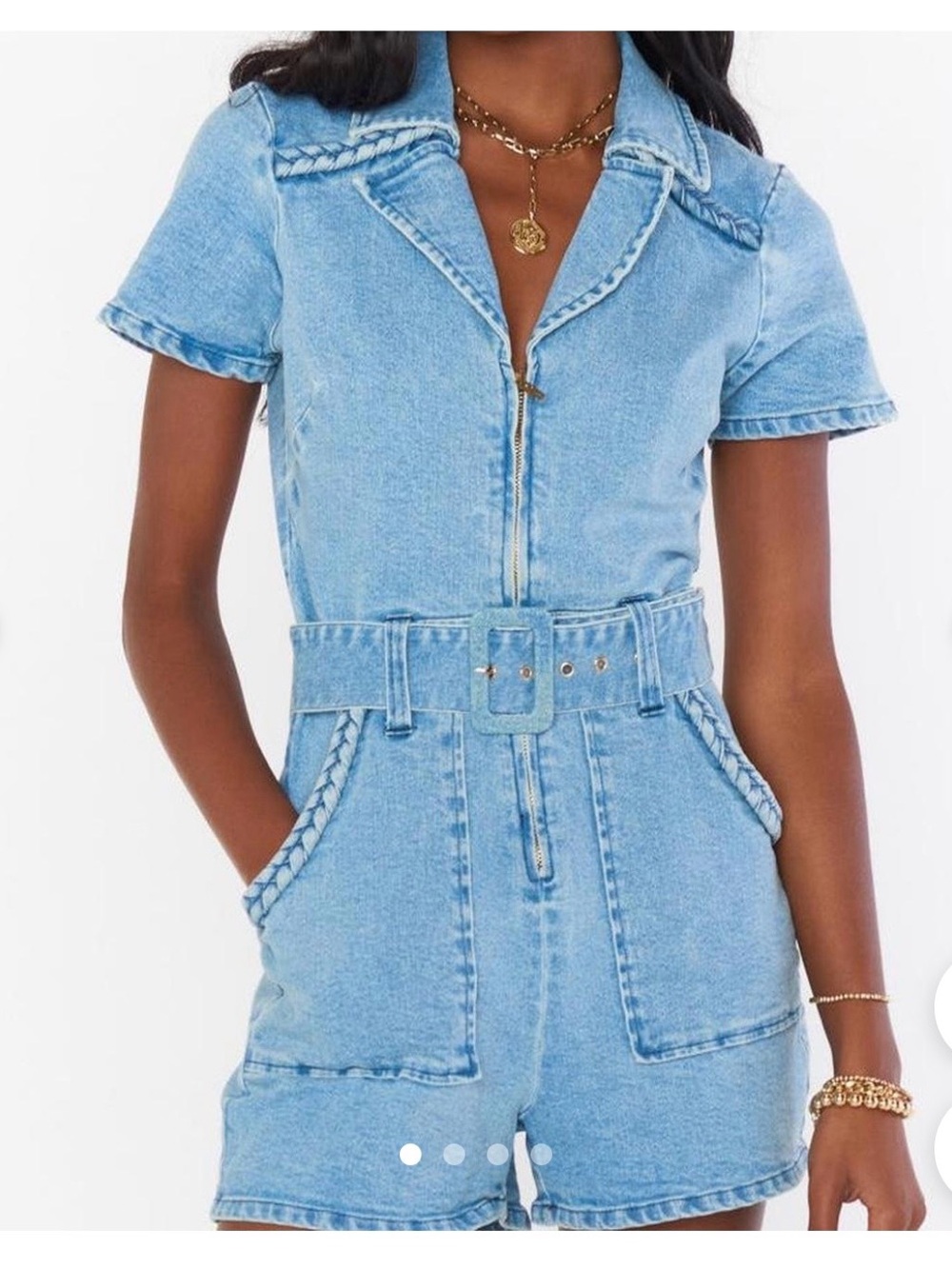 Mumu Light Wash Denim Romper with Belt